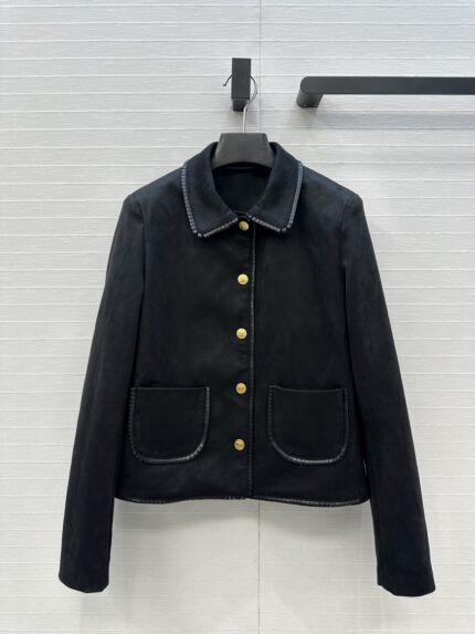 CELINE Black Suede Triomphe Gold Buckle Embellished Lapel Jacket