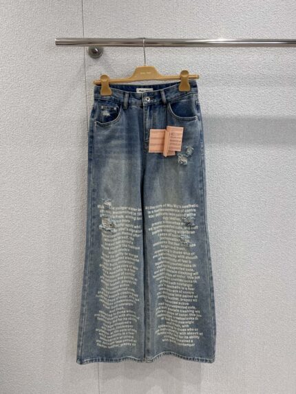 Miumiu Letter Print Ripped Denim Pants