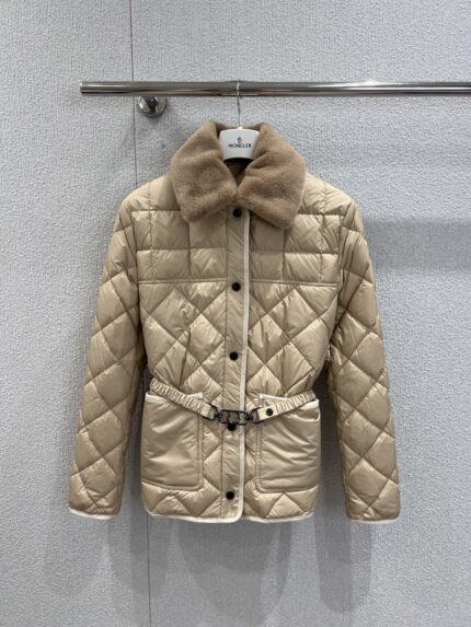 Moncler Jacket Down Coat with Removable Fur Collar & Waist Belt