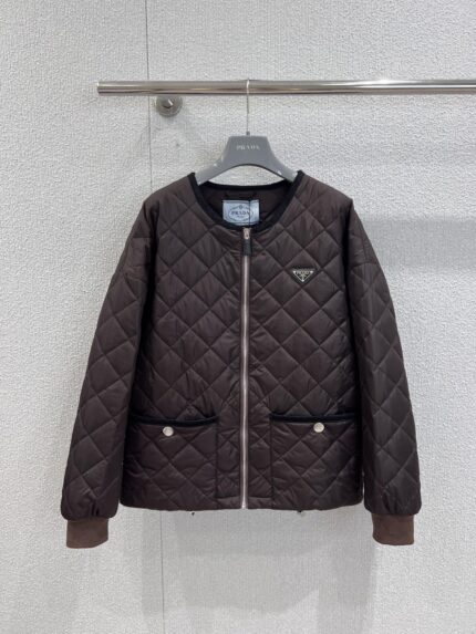 Prada Dark Coffee Zip-Front Lapel Waist-Cinched Nylon Jacket