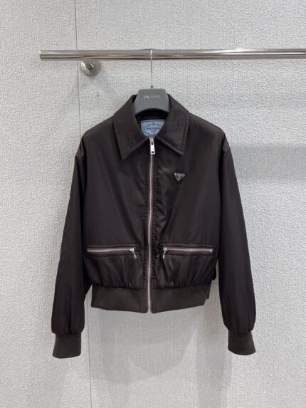 Prada Dark Coffee Zip-Front Collar Waist-Cinched Nylon Jacket