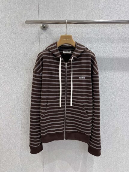 Miumiu Coffee Striped Cotton Zip-Up Hoodie Jacket