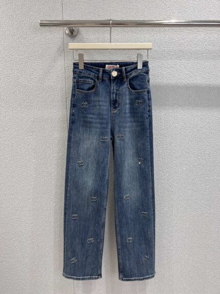 Chanel Embossed & Rhinestone-Heat-Transferred Denim Pants