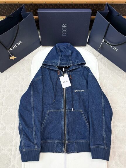 (Unisex Style) DIOR Embroidered Denim Jacket – Hooded Coat with Double-Way Zipper Design