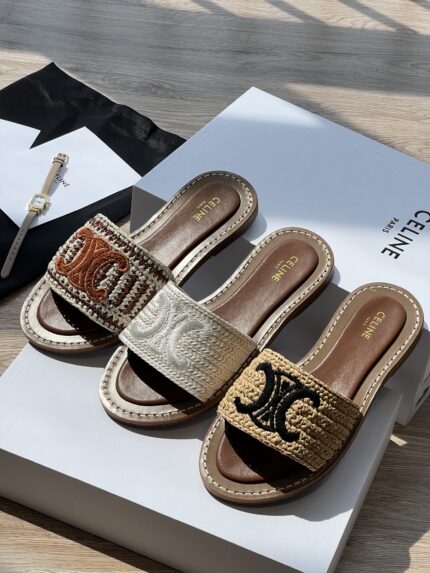 Celine Embroidered Rattan Weave Flat Slippers