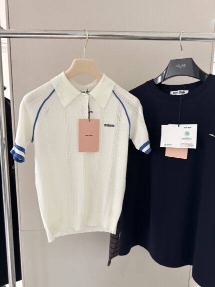MiuMiu Blue and White Raglan Sleeve Polo Knit Short-sleeve