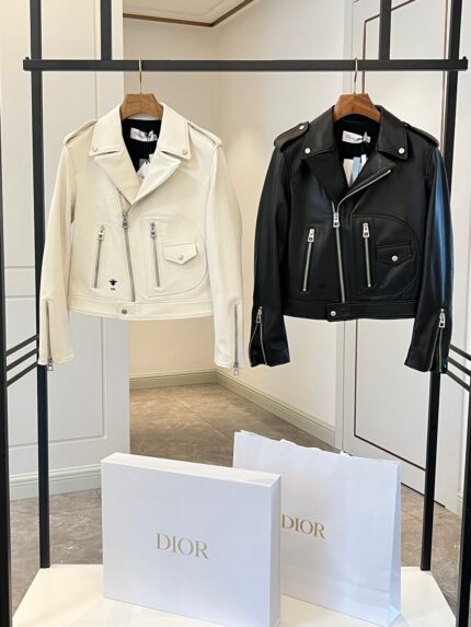 Dior Women's Rice Grain Pattern White Sheepskin Leather Biker Jacket