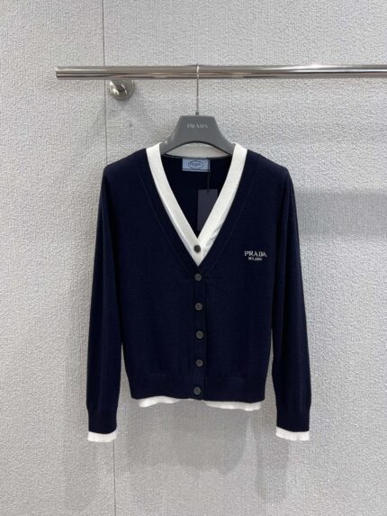Prad* 25Fw Early Autumn New Style Logo Embroidered Fake Two-Piece Knitted Cardigan