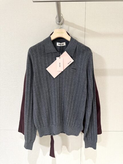 Miumiu Gray Hollow-out Three-button Polo Knit Sweater