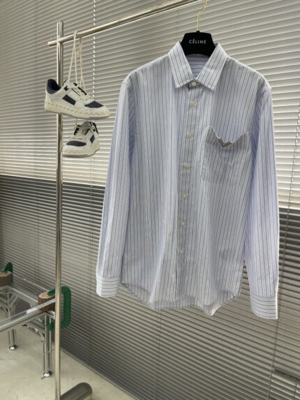 Valentino striped logo metal V DETAIL cotton poplin shirt with small details.